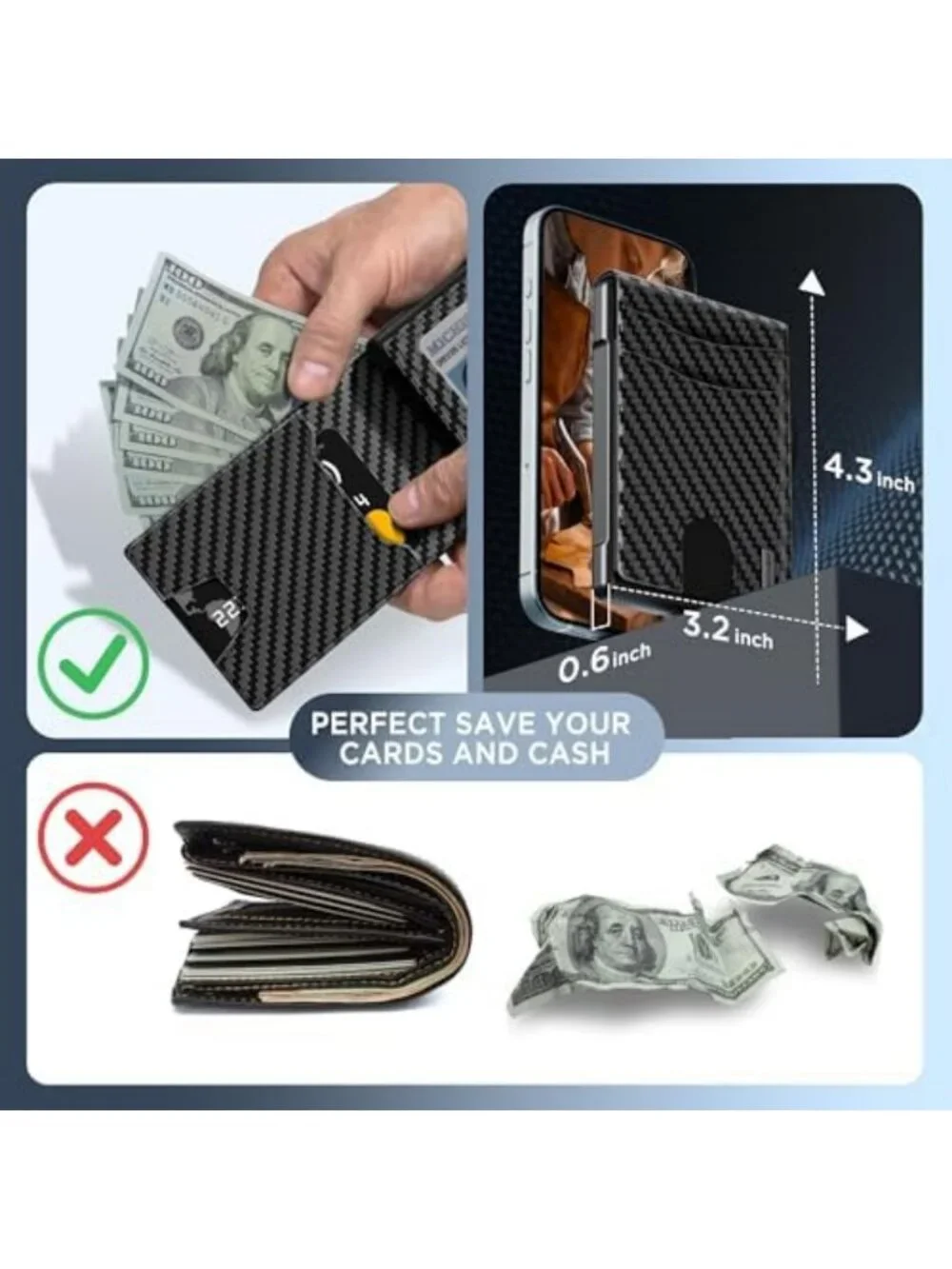 Minimalist Leather Bifold Wallet for Men, RFID Blocking, Cash Slot, Slim Design